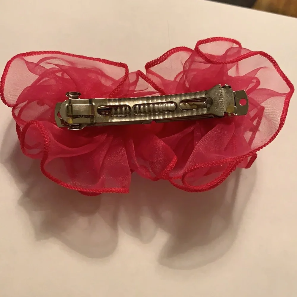 Girl’s handmade pink mesh gold beaded hair bow